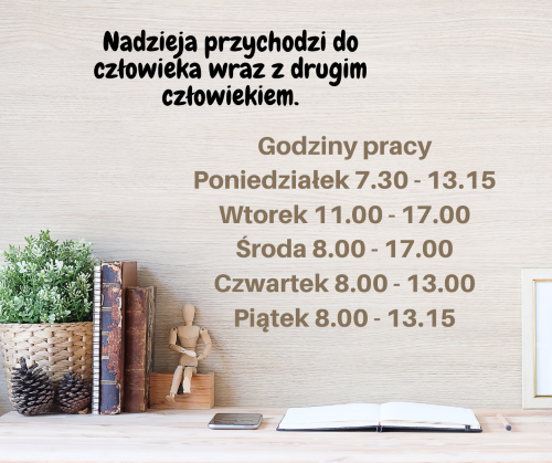 Godziny pracy pedagoga: Poniedziałek 7.30 - 13.15 Wtorek 11.00 - 17.00 Środa 8.00 - 17.00 Czwartek 8.00 - 13.30 Piątek 8.00 - 13.15