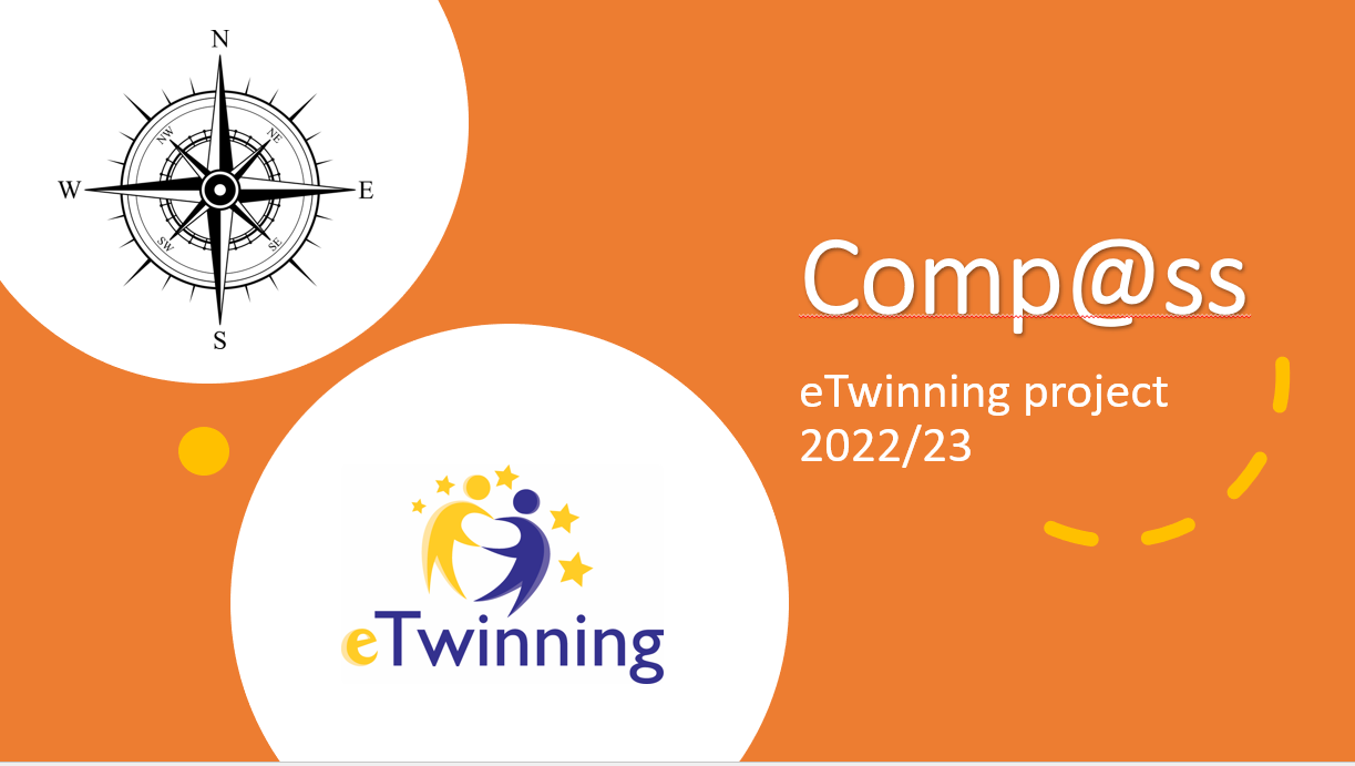 Obraz przedstawia tytuł projektu - Comp@ss, różę wiaatrów - symbol projektu oraz logo eTwinning.